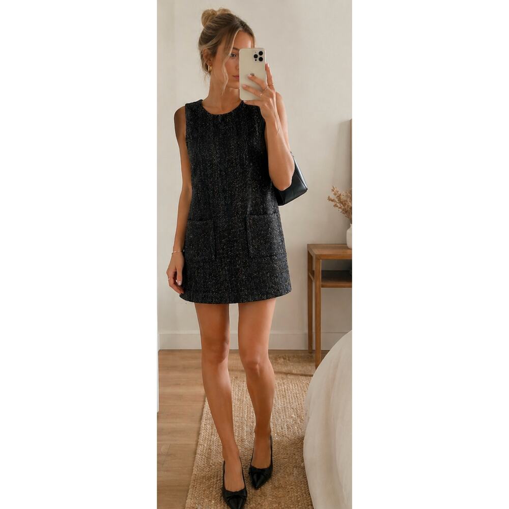 Mango Tweed Mini Dress Metallic Thread Sleeveless Shift Black S